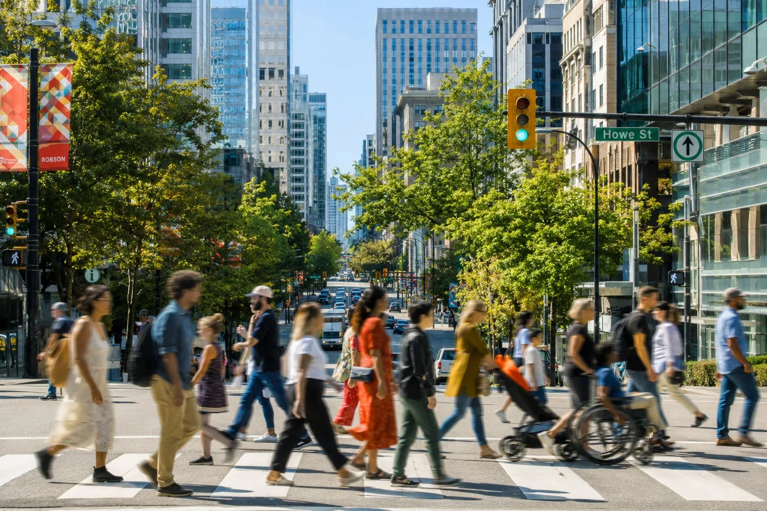 People crossing a busy downtown street